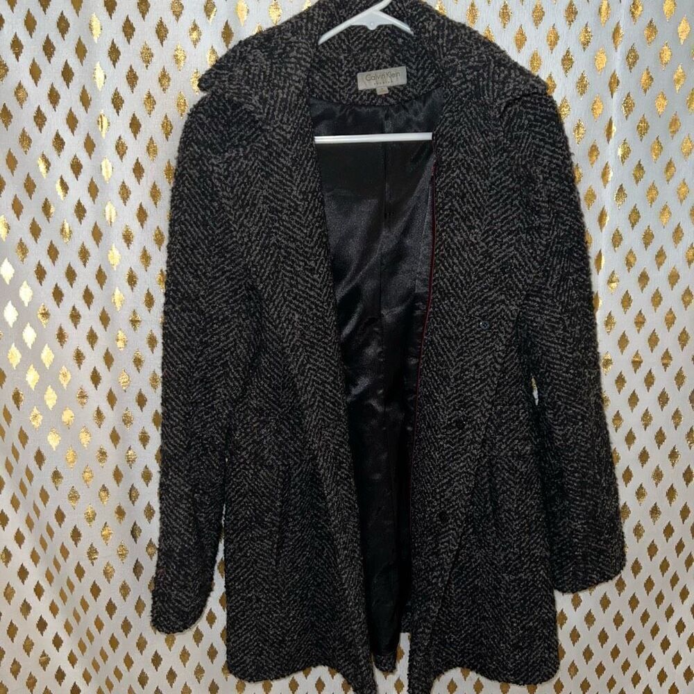 Calvin Klein wool coat hooded lined trench coat gray long size 8